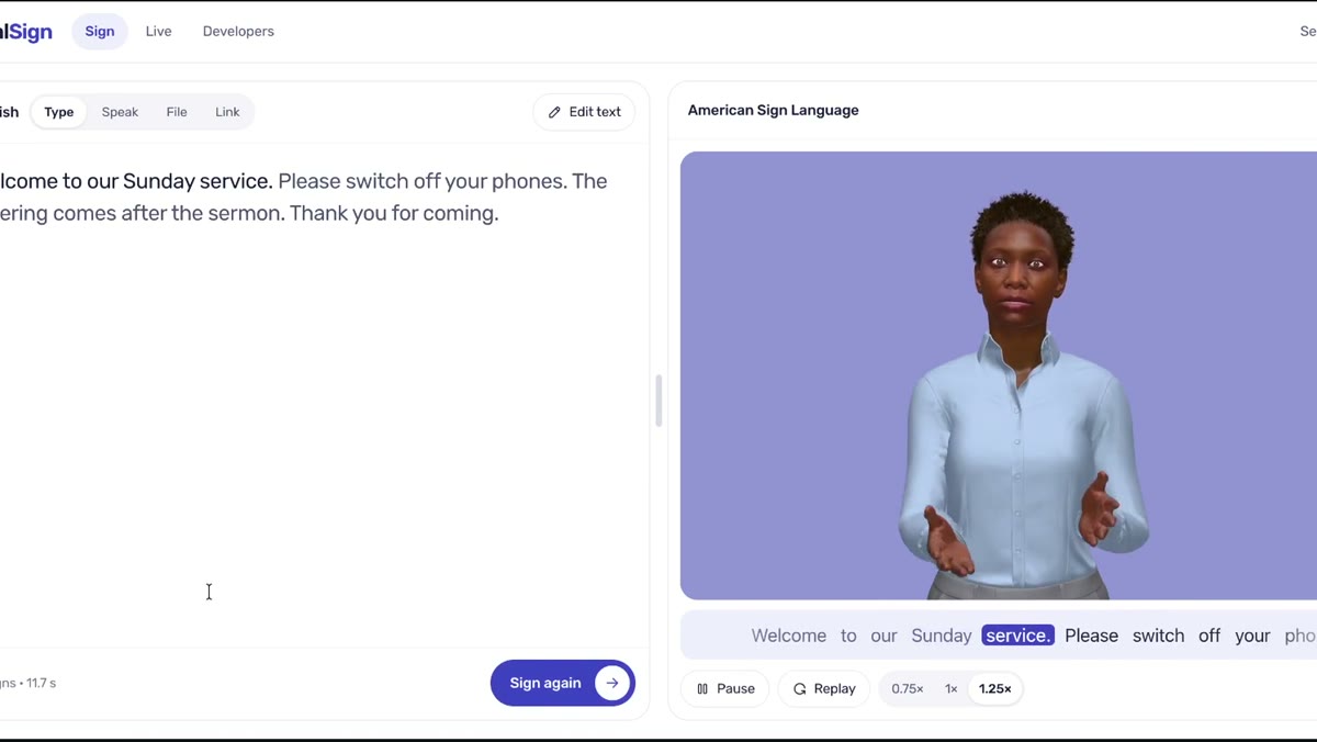 The SocialSign dashboard: a typed sentence and Ada signing it