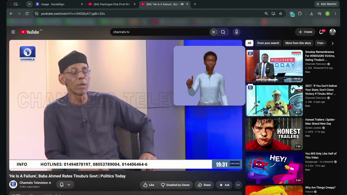 Ada signing beside a Channels Television video on YouTube